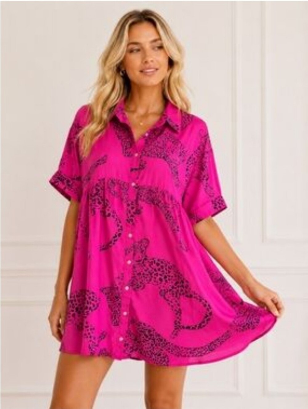 ENTRO satin cheetah mini dress in hot pink Oversized